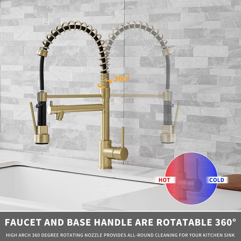 Brushed Gold Brass Pull-Down Kitchen Faucet with Spray