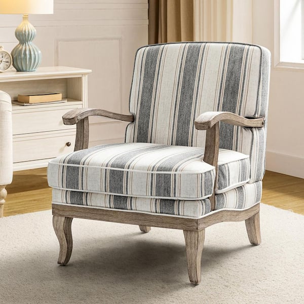JAYDEN CREATION Quentin Farmhouse Style Wooden Upholstered Stripe Arm Chair with Graceful Feet Curves and Comfortable Cushion