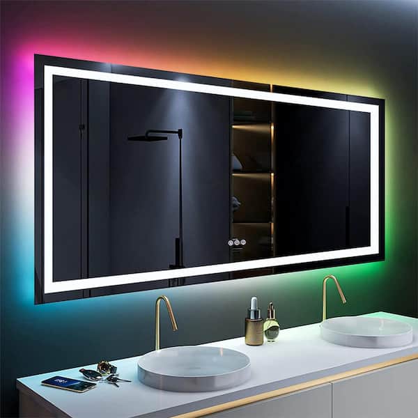Apmir 72 in. W x 36 in. H Rectangular Frameless RGB Backlit LED Front Lit Anti-Fog Tempered Glass Wall Bathroom Vanity Mirror