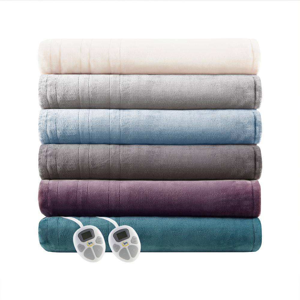 Full Light Grey Plush Heated Blanket with Controller