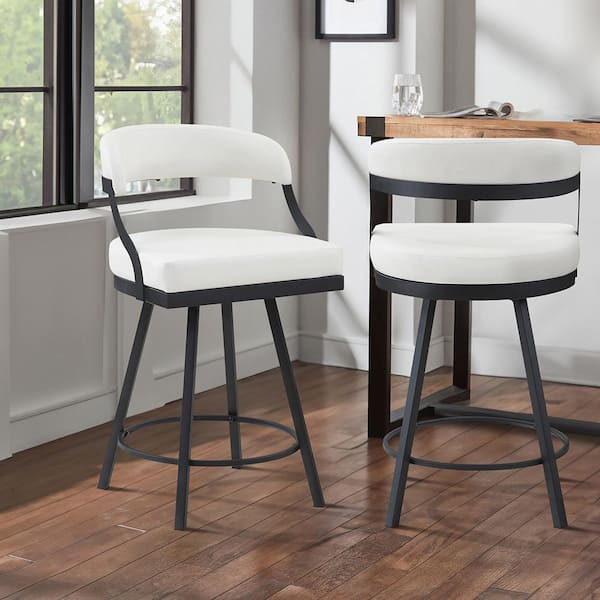 Brassica 26.5 in. Black Finish Metal Swivel Counter Height Chair with White Faux Leather Seat (Set of 2)