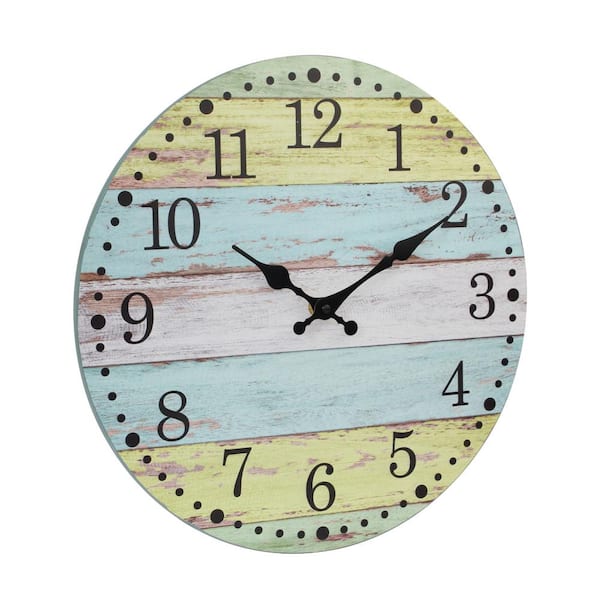 Stonebriar Collection Light Blue And Worn Yellow Vintage Farmhouse 14 Inch Round Hanging Battery Operated Wall Clock Sb 6222a The Home Depot - Battery Operated Lighted Wall Clocks