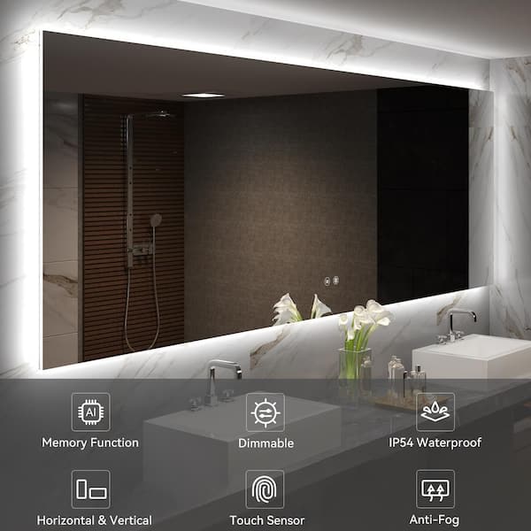 FNEEHY 36 in. W x 24 in. H Large Rectangular Frameless Anti-Fog Backlit LED Light Wall Mount Bathroom Vanity Mirror