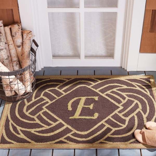 Monogram Chocolate 3 ft. x 4 ft. "E" Ornate Swirl Indoor/Outdoor Area Rug