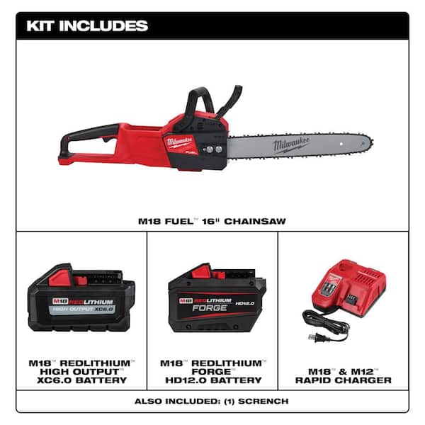 M18 FUEL 16 in. 18V Lithium-Ion Brushless Electric Battery Chainsaw Kit w/ 12.0Ah Two 6.0Ah Batteries & Charger