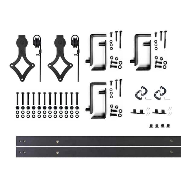 HOMACER 4.5 ft./54 in. Black Rustic Double Track Bypass U-Shape Sliding Barn Door Hardware Kit - Diamond Design Roller
