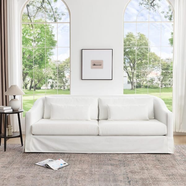 90 in. Slope Arm Polyester Fabric Rectangle 3-Seater Sofa Couch with Washable Slipcover in. Pearl White