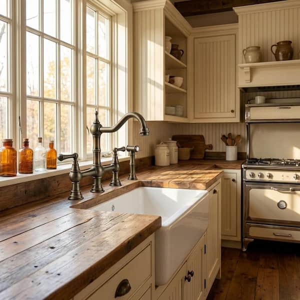 Antique Design Double Handle Bridge Kitchen Faucet with Side Sprayer in Bronze