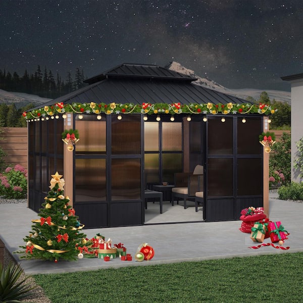 Hardtop Gazebo 12 ft. x 14 ft. Brown Aluminum Sunroom Gazebo with Double Top, Mesh Screens and 24 Lights