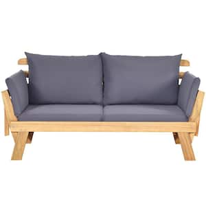 Natural Wood Outdoor Sofa Day Bed Adjustable Furniture with Gray Cushion
