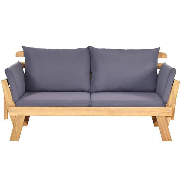 Costway Natural Wood Outdoor Sofa Day Bed Adjustable Furniture with Gray Cushion