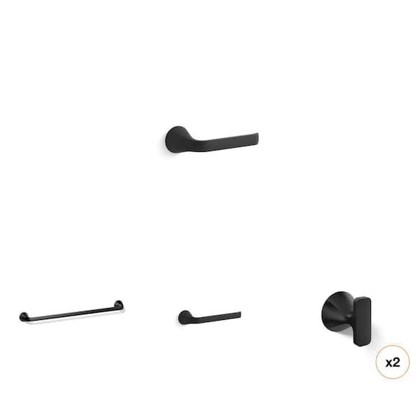 Cursiva Matte Black Bathroom Hardware Set: Towel Arm, Robe Hook, Toilet Paper Holder, 24 in. Towel Bar (4-Piece)