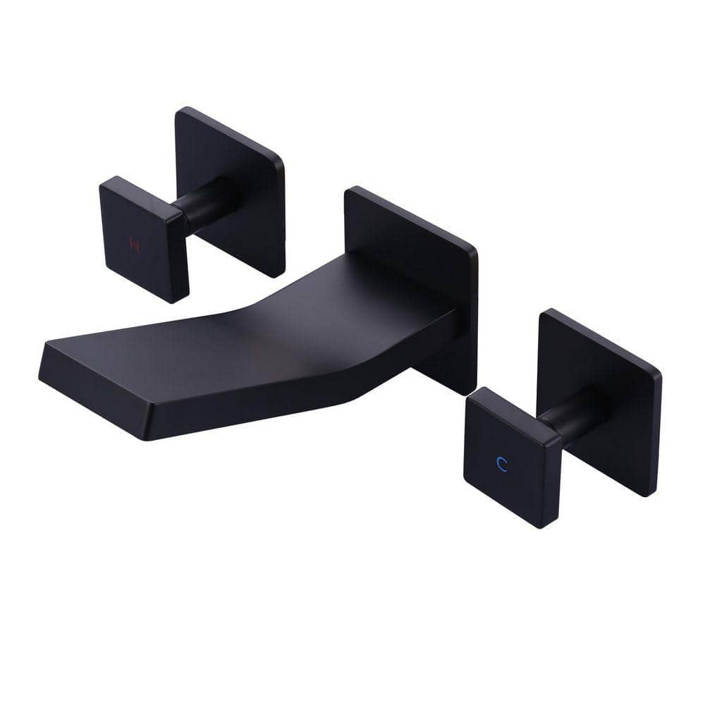 Wall Mount Dual Handle Bathroom Faucet Waterfall Spout 1.2 GPM Solid Brass Silicone Tip Matte Black