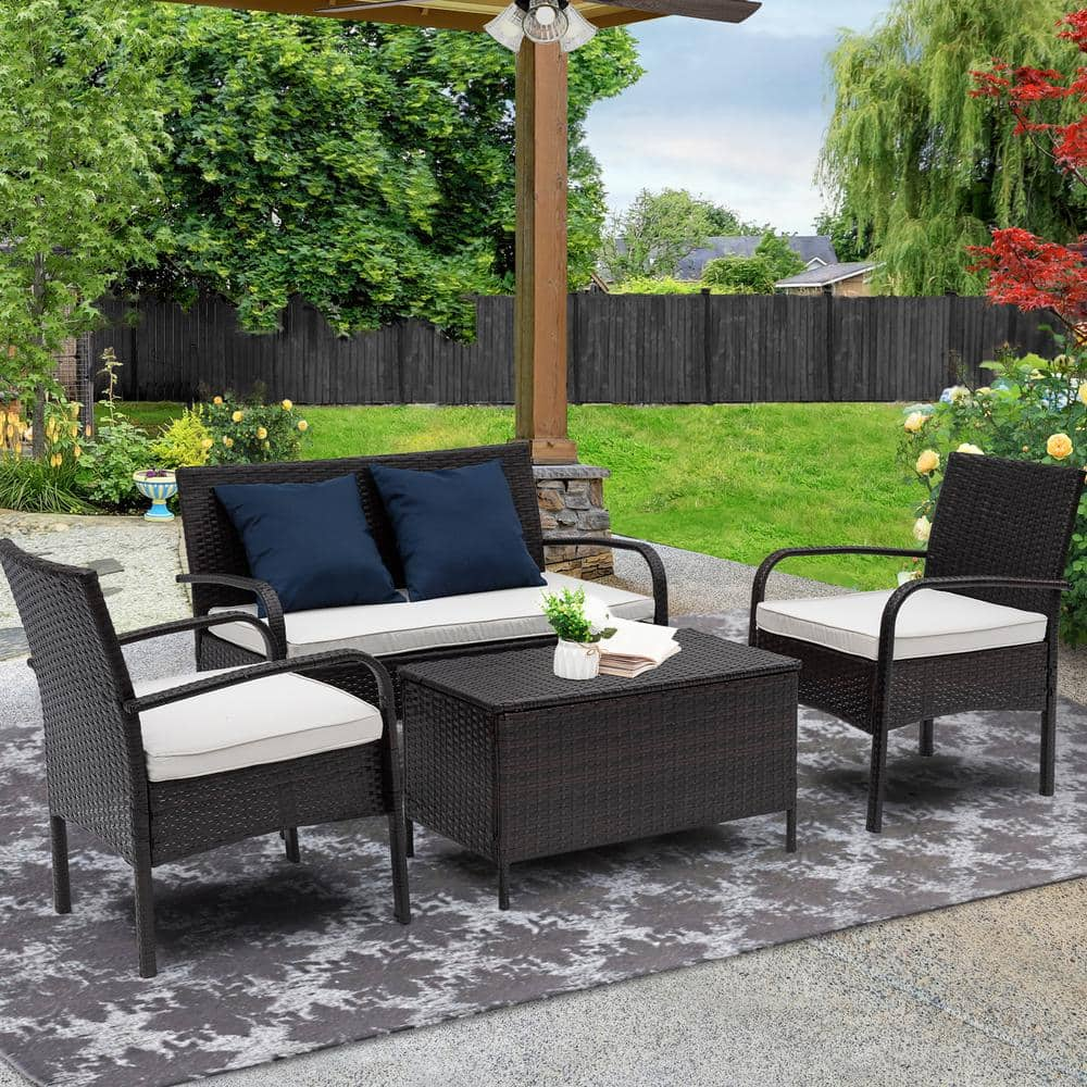 Laurel Canyon Brown 4-piece Wicker Patio Furniture Set With Light Gray 