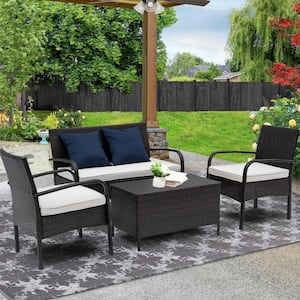 Brown 4-Piece Wicker Patio Furniture Set with Light Gray Cushions and Storage Coffee Table
