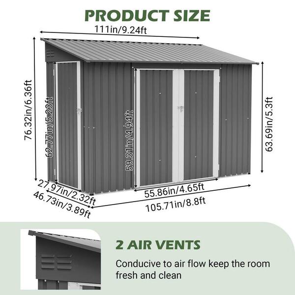 9 ft. W x 4 ft. D Dark Grey Metal Storage Shed with Lockable