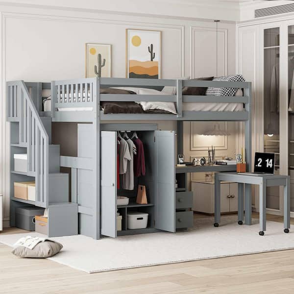 Gray Full Size Wood Loft Bed with Stairs, Bookshelf, Drawers, Desk and Wardrobe
