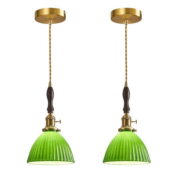 Home Lighting 60W 1-Light Green Bell 2-Pack Modern Wave Ceramic Pendant Light Walnut Wood Hanging Light for Kitchen