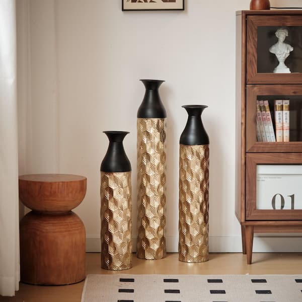 33.8 in. Floor Vases Decorated White (Set of 3) Gorgeous Home Decoration Large Glazed Gold Metal Vases W2796P234276