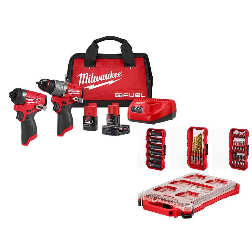 Milwaukee M12 FUEL 12-Volt Li-Ion Brushless Cordless Hammer Drill & Impact Driver Combo Kit w/2 Batteries, Bag & Bit Set (60-Pc)