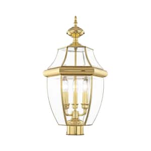 Aston 23.5 in. 3-Light Polished Brass Cast Brass Hardwired Outdoor Rust Resistant Post Light with No Bulbs Included