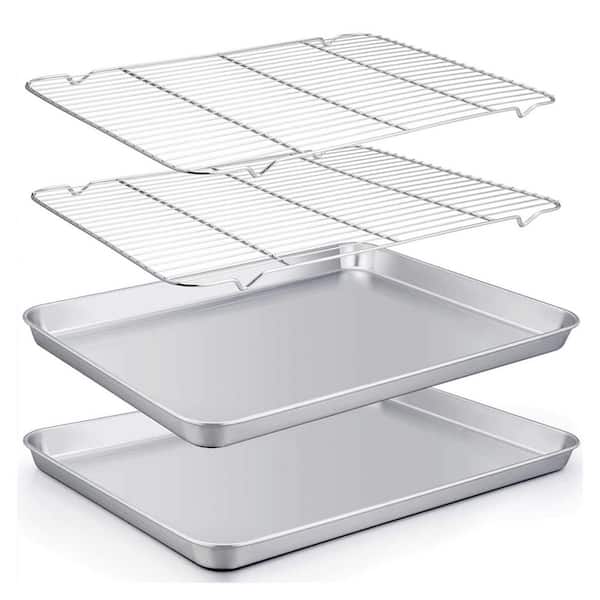 Stainless Steel Silver 4pcs Baking Sheet Set w Cooling Racks, Non-Toxic Rust-Free, Easy Clean, 2 Pans & 2 Racks