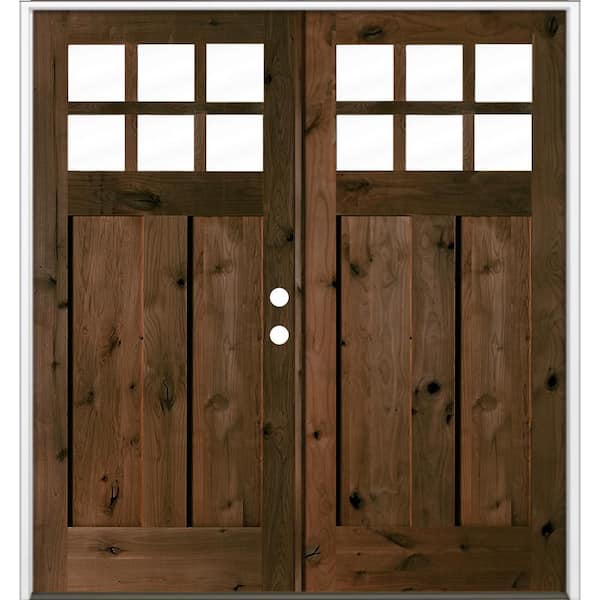 64 in. x 80 in. Knotty Alder Left-Hand/Inswing Double 6-Lite Clear Glass Espresso Stain Wood Prehung Front Door