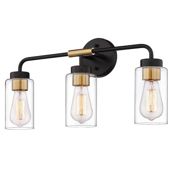 JAZAVA 21.3 in. 3-Light Black and Gold Modern Vanity Light with Clear Glass Shade