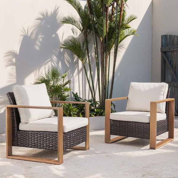 Opohoro Brown Wood-Looking Metal Armrests Wicker Outdoor Lounge Chair, Modern Armchair with Beige Cushions (2-Pack)