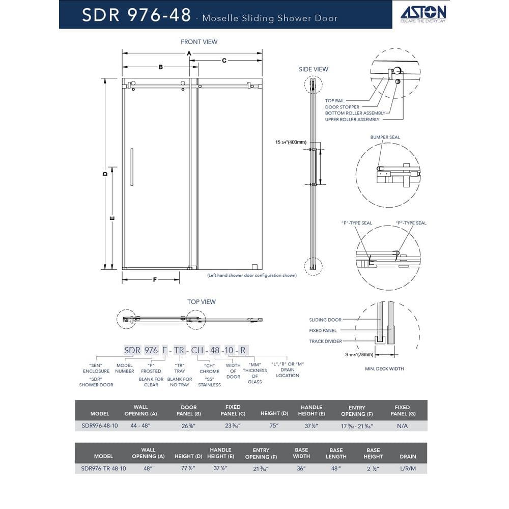 Moselle 48'' x 77.5'' Frameless Clear Tempered Glass Shower Door