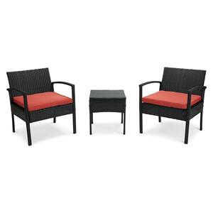 3-Pieces Wicker Patio Conversation Set 2-People Rattan Sofa Seating and Coffee Table Group with Red Cushion
