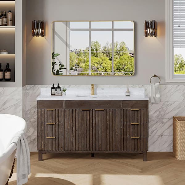ROSWELL Palos 60 in.W x 22 in.D x 33.9 in.H Single Sink Bath Vanity in Spruce Antique Brown with White GRain Stone Top