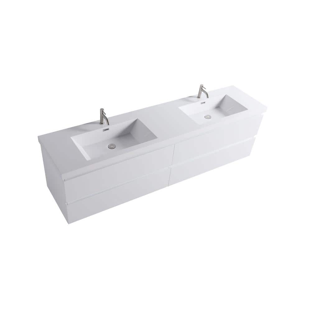 84" White Plywood Floating Double Sink Vanity with Resin Top