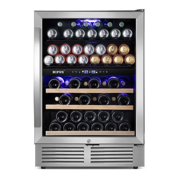 Nipus 24 in. Dual Zone 20-Wine Bottles and 60-Cans Beverage & Wine Cooler  in Silver Two Shapes of Door Handle Blue LED Lights NPDUAL02 - The Home  Depot