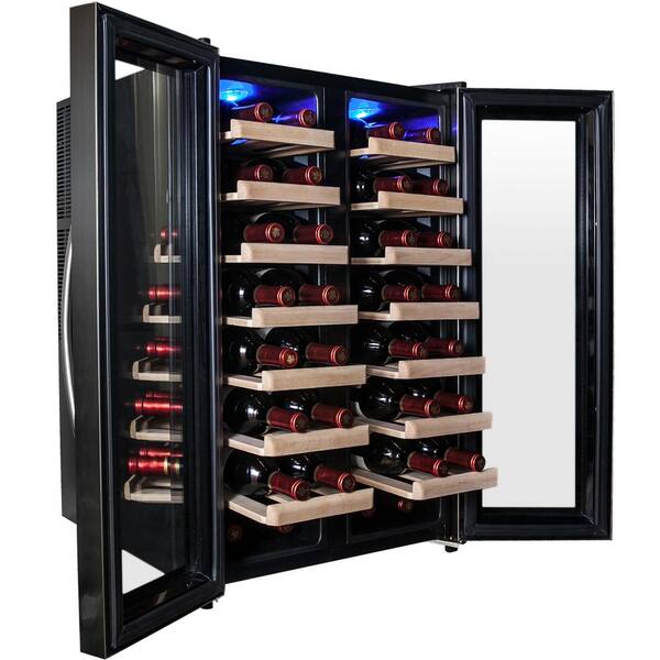 AKDY 32-Bottle Thermoelectric Dual Zone Wine Cooler in Black with Wooden Shelves