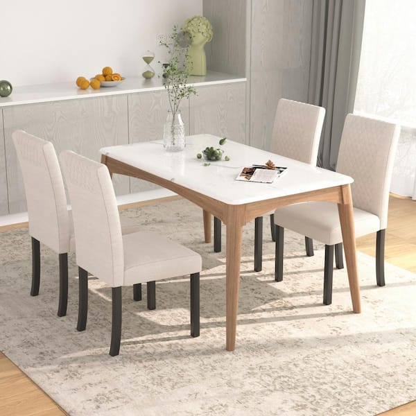 VECELO Dining Chairs Set of 4, High Back Fabric Upholstered Chairs with Wood Legs for Kitchen and Living Room, Beige
