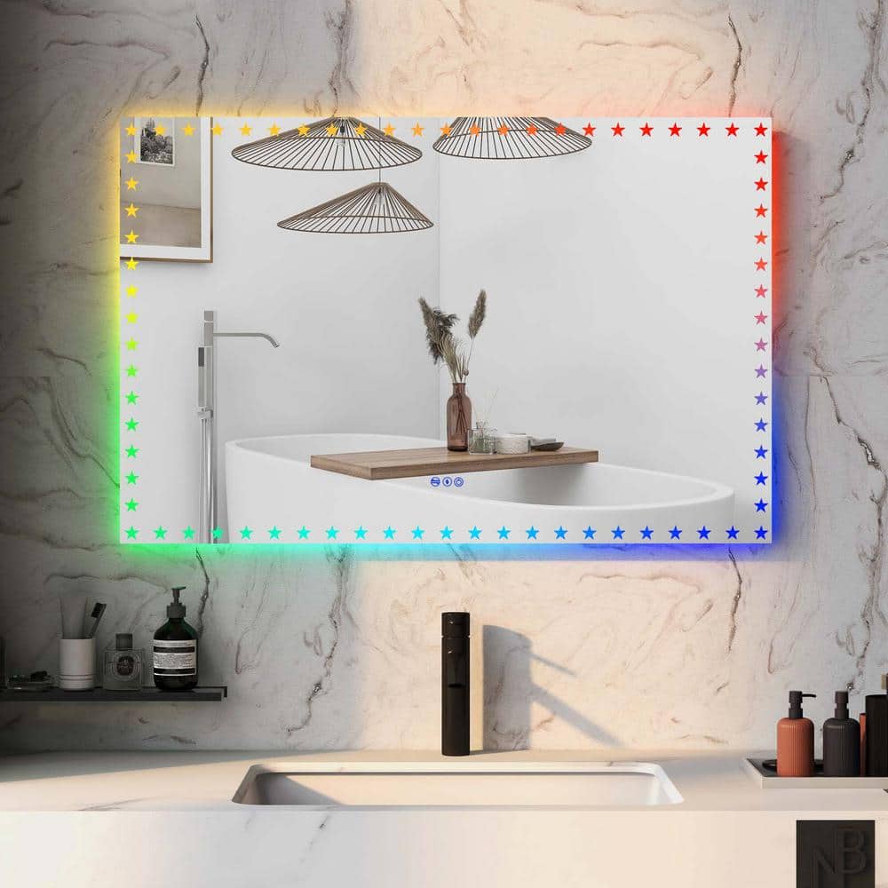 White 55 in. W x 36 in. H Rectangle Metal Wall Mirror, LED Bathroom Mirror 