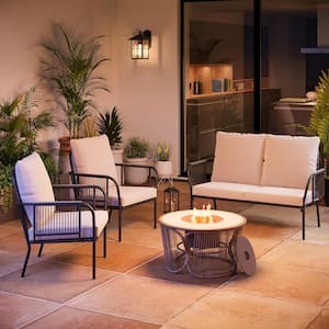 4-Piece Wicker Patio Fire Pit Deep Seating Set with Beige Cushions