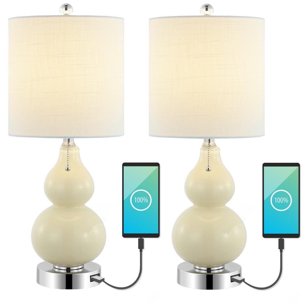 22" Cream Linen Drum Shade LED Table Lamp Set with USB Port