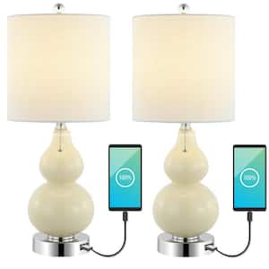 Cora 22 in. Classic Vintage Glass LED Table Lamp with USB Charging Port, Cream (Set of 2)