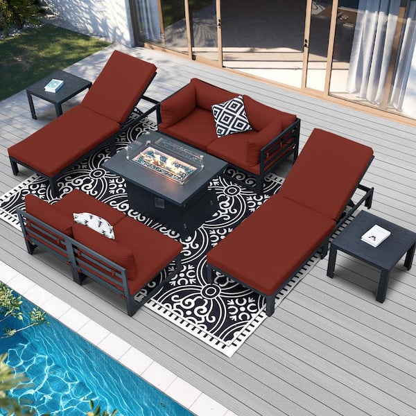 FINCATI 9-Piece Outdoor Gray Aluminum Patio Furniture Conversation Set Modular Fire Pit Set with Black Cushion, Lounger, Ottoman
