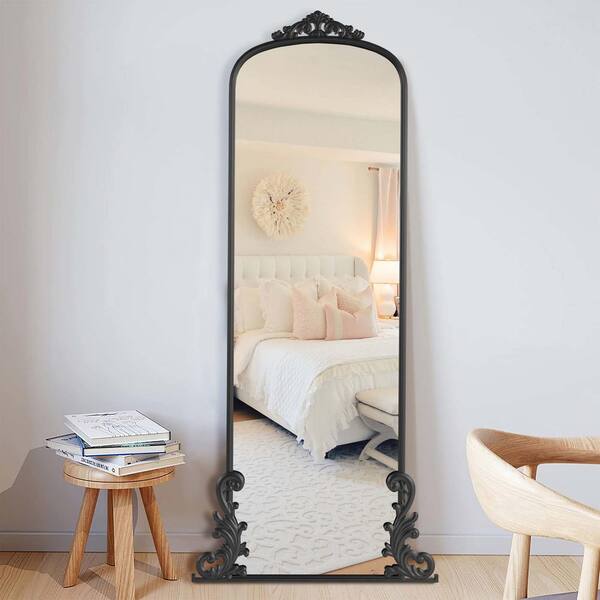 JUJABU Black 29 in. W x 68 in. H Carved Arched Full-Length Mirror