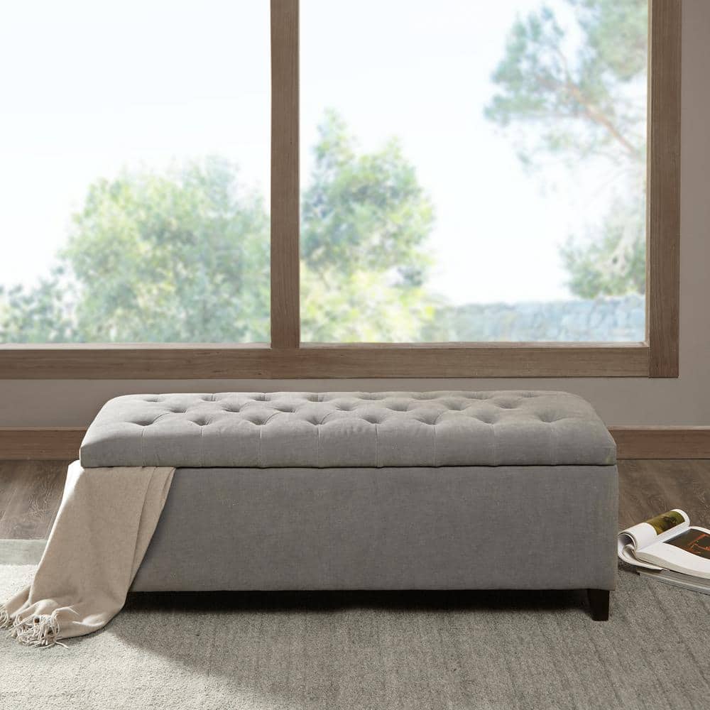 Gray Tufted Birch Storage Bench with Graduated Legs