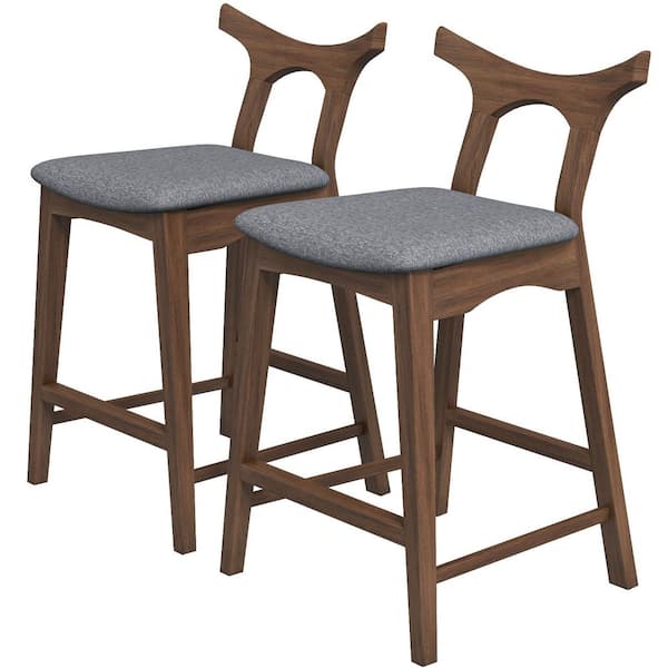 Ashcroft Furniture Co Harper 37.5 in. Gray Low Back Solid Wood Frame Fabric Upholstered Bar Stool (Set of 2)