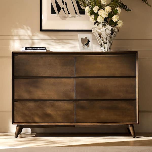 Gentile Walnut 52 in. Midcentury 6-Drawer Dresser with Solid Wood Legs