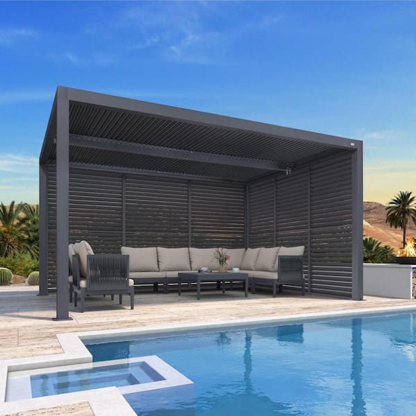10 ft. x 14 ft. Gray Aluminum Louvered Pergola with 2 Individual Sunshade Roofs and 1-Long 1-Short Side Shutter Wall