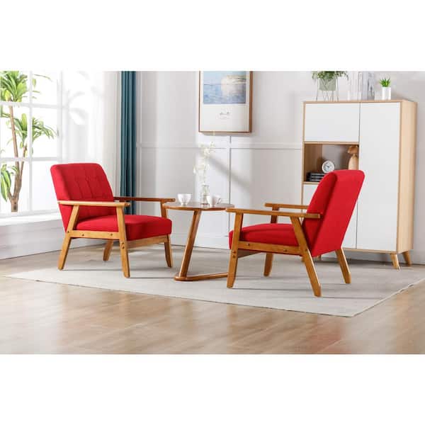 Zeus & Ruta 3-Piece Wood Outdoor Indoor Accent Chaise Lounge Chairs with 1 Side Table, Red Cushions for Living Room, Bedroom