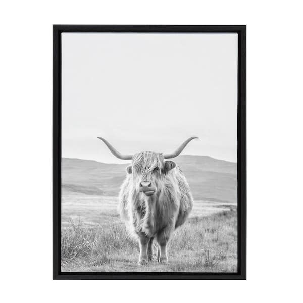 Kate and Laurel Sylvie Highland Cow Mountain Landscape Black and White by The Creative Bunch Studio Framed Art Print 24 in. x 18 in.