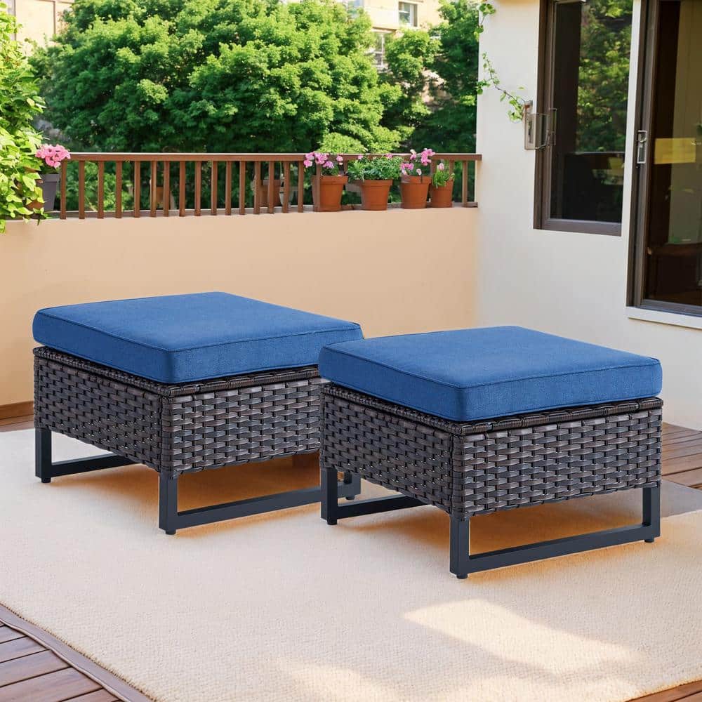 Gymojoy Valenta Brown Wicker Outdoor Ottoman with Blue Cushions (Set Of 2) GM119-1 - The Home Depot