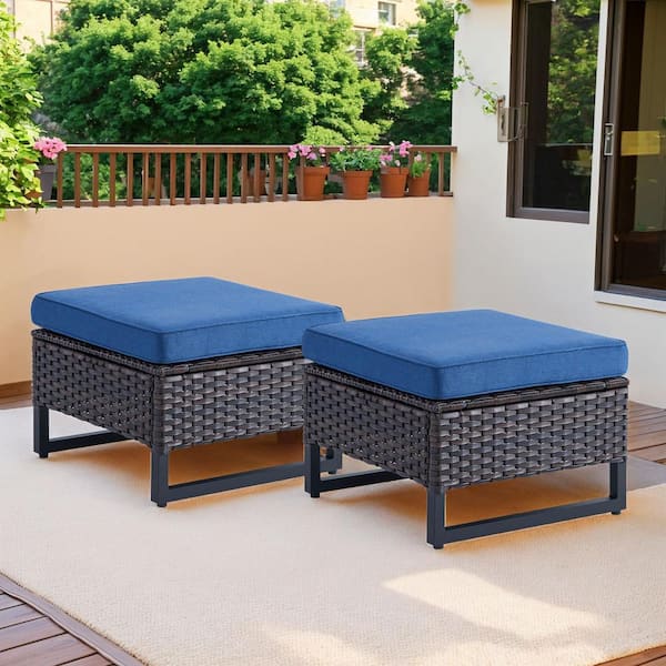 Gymojoy Valenta Brown Wicker Outdoor Ottoman with Blue Cushions (Set Of 2)